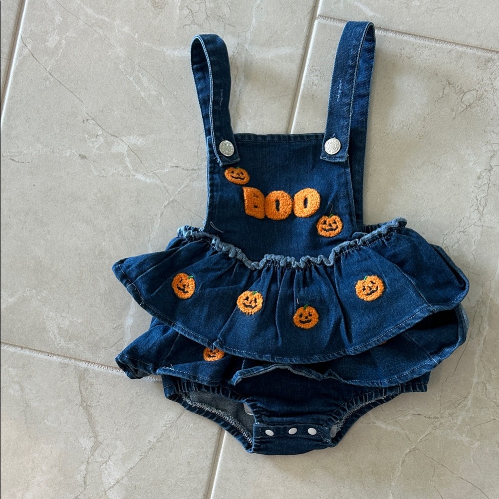 Denim Halloween Baby Romper with Pumpkin Design 12-18 months